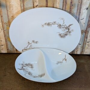 Vtg Larchmont by Sango Porcelain Serving Dish & Platter "Brown Pine Branch"
